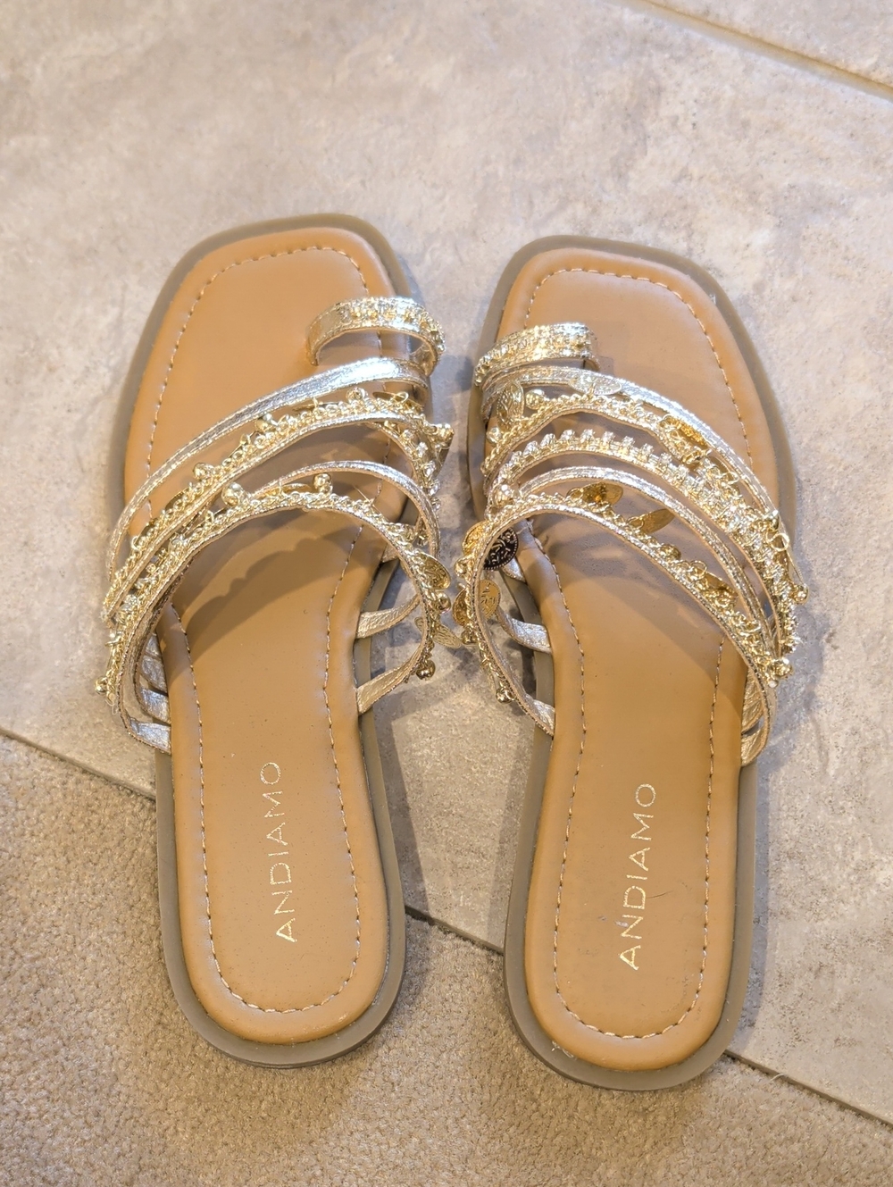 Gold Beaded Strappy Slide Sandals - Gold